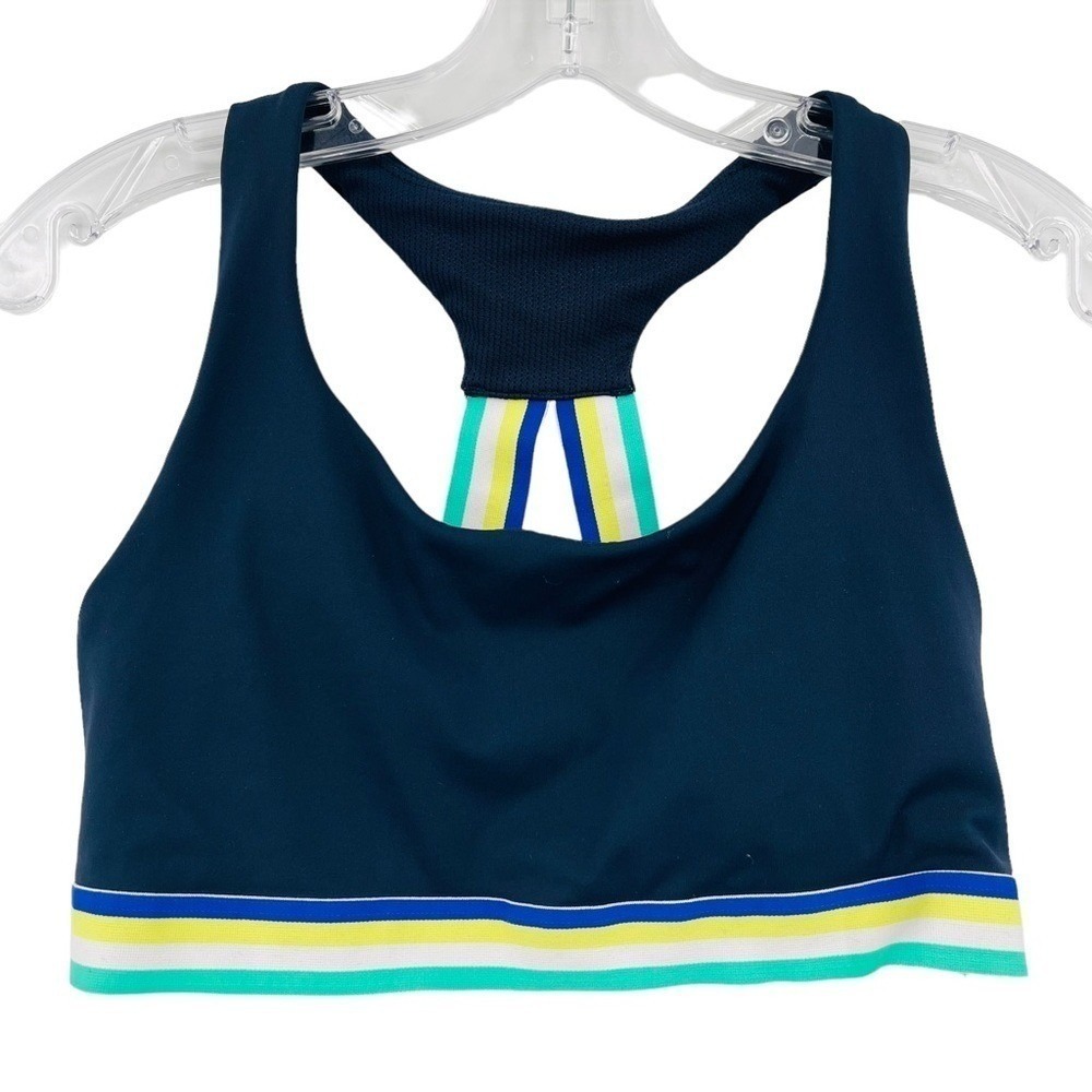 Athleta Sports Bra Womens Medium Navy Blue Striped Racerback Activewear